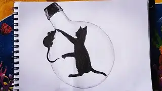 How to draw a Cat inside  Bulb - step by step /A cat chasing mouse sketch/Pencil sketch /Art Video