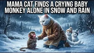 Mama Cat Finds a Crying Baby Monkey Alone in Snow and Rain
