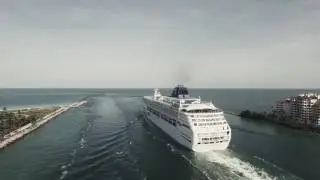 Aerial view of cruise ships leaving the Port of Miami