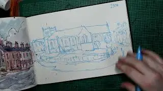 Working quietly in sketchbook landscape painting 59  St Peters church, Fleetwood