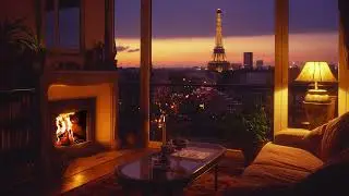 Cozy ambience living room with a crackling fireplace against the backdrop of the night city (4K)