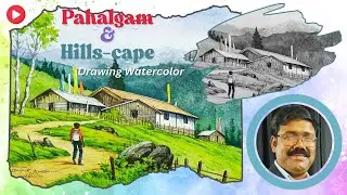 Pahalgam Scenery Drawing Colour | Beautiful Pahalgam Scenery Drawing | Hills-cape Scenery Drawing