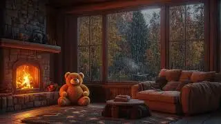 Rainy Autumn Fireplace Ambience &ndash; Cozy Cabin with Teddy Bear, Fire Crackle & Gentle Rainfall