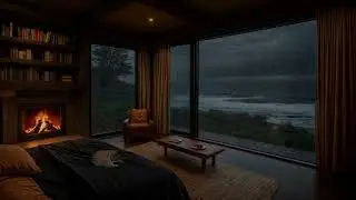 Rainy Ocean Night 🌧️ Cozy Pirate Cabin with Fireplace & Window View for Deep Sleep & Relaxation