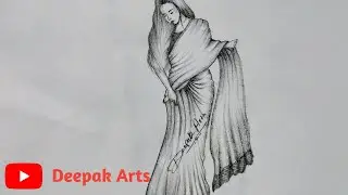 Beautiful girl wearing saree with blouse pencil drawing tutorial step by step 