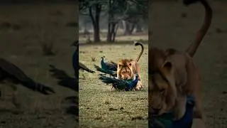 An African plains lion runs to hunt a peacock. #peacock #lion #snake #wildlife #animals #buffalo