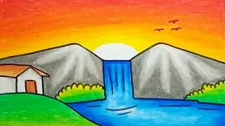 How To Draw Nature Scenery Beautiful Mountain And Waterfall Sunset |Drawing Nature Scenery Easy