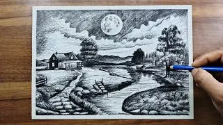 Village Life drawing - Pencil Shadding landscape - Moonlight village life easy drawing