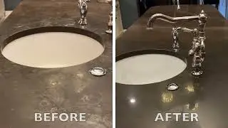 Marble kitchen countertop and island restoration, polishing, etch mark removal, sealing.