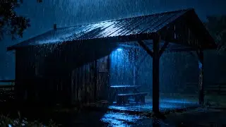 Goodbye Insomnia with Heavy Rain & Thunder Growls on a Stale Tin Roof in Foggy Murky Forest at Nigh