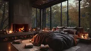 A Firelit Glass Retreat in Late Autumn Woods | Falling Leaves, Interior Glow & Deep Silence