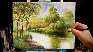 How to Paint a Peaceful Riverside Landscape | Acrylic Painting for Beginners