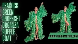 Peacock Queen Iridescent Green Ruffle Organza Layered Drag Coat
