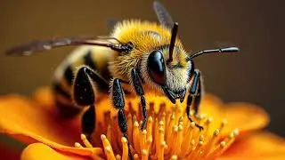 A Close Up Of A Honey Bee Collecting Pollen On An Orange Flower
