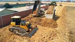 Showing Techniques Processing Building Foundation New Road To Factory, Bulldozer Pushing Stone