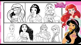 DISNEY PRINCESS Group Together Coloring Page ARIEL SNOW WHITE BELLE JASMINE TIANA ANNA In Markers