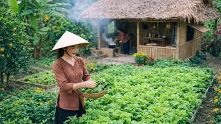 Uma jovem vivendo em paz no interior | Horta e carne enrolada em folhas verdes