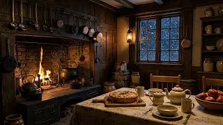 Cozy Rustic Kitchen at Night ❄️🔥  Fireplace Ambience, Snowfall & Warm Cabin Sounds