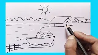 🌈  Village scenery with Boat ⛵  ll Scenery drawing Tutorial For kids ll Kids Drawing video
