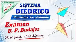 Diédrico EXAMEN U.P. BADAJOZ  28.- PIRÁMIDE TRIANGULAR SOBRE PLANO OBLICUO E INTERSECCIÓN CON RECTA