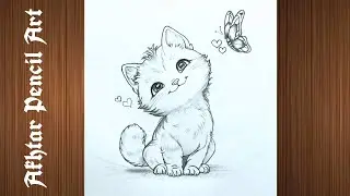 How To Draw Cat With Butterfly, A Cute Cat Drawing Pencil Art, Animal Drawing Easy Step By Step