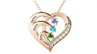 Personalized Heart Necklace with 3 Birthstone - Engraved 3 Name Necklace - Personalized Gift for Her