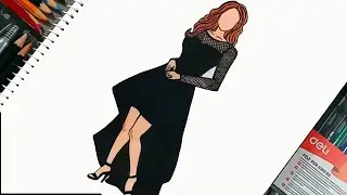 How to Draw the Long Sleeve Black Lace Party Dress | Short Front Long Back Dresses