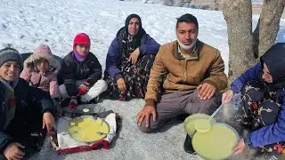 A happy and different family day: Winter picnic in the snowy mountains with hot yellow slush ❄️🍲❄️