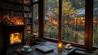 Rainy Spring February Morning 🌧️ Jazz Music & Fireplace at a Quiet Caf&eacute; | Read & Work Ambience