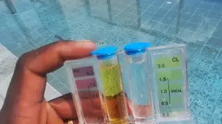 Escovação na piscina e conferindo o PH