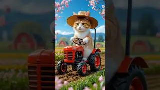 An orange cat in a straw hat, cruising a red vintage tractor through spring fields🌾🐱 #cat #cute #ai