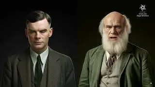 AI- generated Alan Turing and Charles Darwin discussing the convergence of AI & biology for medicine