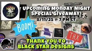 A special Black Star Designs Apex Arc knife giveaway announcement for Monday, 8/11/25, @ 7 PM CT!