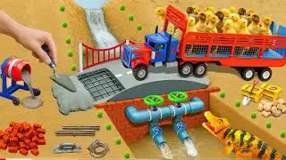 DIY Mini Tractor Builds a Strong Bricks and Concrete Bridge For Trucks After A Crocodile Destroy it 
