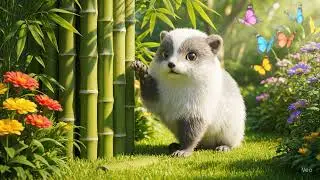 A cat playfully swipes a panda's bamboo snack.