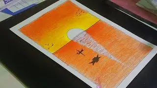 How to draw a beautiful scenery on paper using colour pencil. Sunrise or sunset drawing.  Unique ary