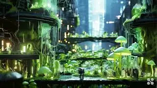 🌟 Glowing Biopunk Cityscape: Cyborg Mutant Omega Mart Lemon Fruit Tree Monsters