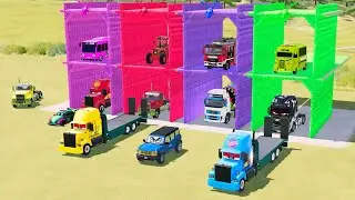 TRANSPORTING POLICE CARS, AMBULANCE, FIRE TRUCK, COLORFUL CARS WITH TRUCK FS 22