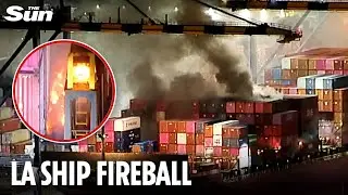 Huge inferno engulfs cargo ship & sparks EXPLOSION at LA port as 'major emergency' declared