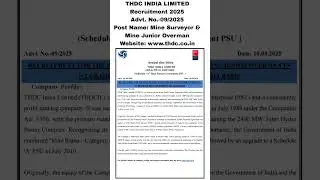 THDC Recruitment 2025 // Post Name:Mine Surveyor & Mine Junior Overman More Details in Description👇👇