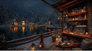 Smooth Jazz Background Music & Fireplace Sounds ⛄ Cozy Winter Lakeside Cafe Ambience to Relax