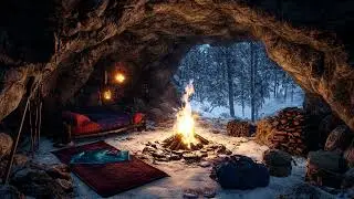 Peaceful Winter Night with Snow | Cozy Fireplace Ambience on Cave for Deep Sleep and Inner Calm