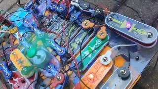 The Snap Circuits Rover with an upgraded circuit board I built & testing it in a chicken yard.