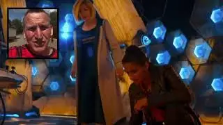 Ninth Doctor reacts to a scene in Doctor Who: Flux