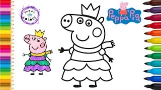 Рисунок и раскраска Свинки Пеппы в костюме принцессы и короне. #peppapig #rainingcolors