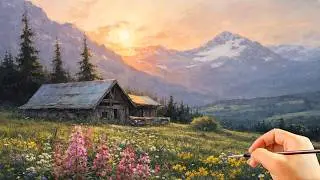 🎨Painting a Peaceful Wooden Cabin in the Mountains at Sunset | Relaxing Acrylic Painting | #053