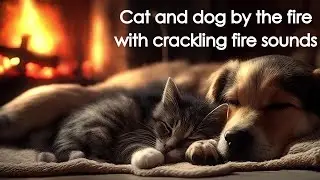 Cat and Dog Snuggling by the Fire with Fireplace Sounds