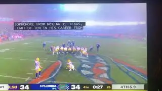 57 yard field goal for LSU vs Florida  - amazing kick in the fog with 23 seconds to go.  Cade York