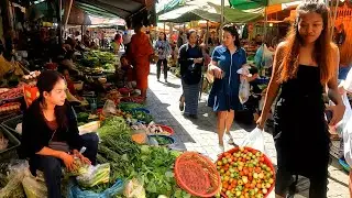 Cambodian Fresh Food Markets Rich Fresh Vegetables, Fish, Fruits, Pork, Desserts.