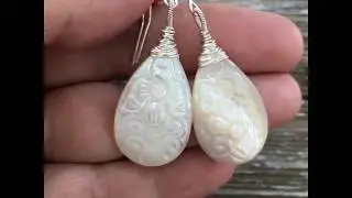 White Carved MOP Shell Teardrop 925 Silver Earrings